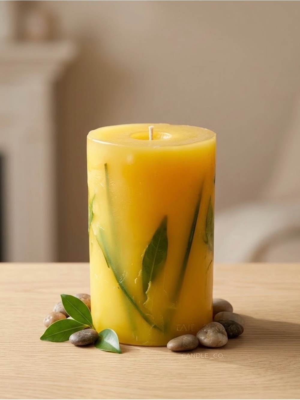 Decorative Yellow Botanical Pillar Candle – Like New (Unbranded)
